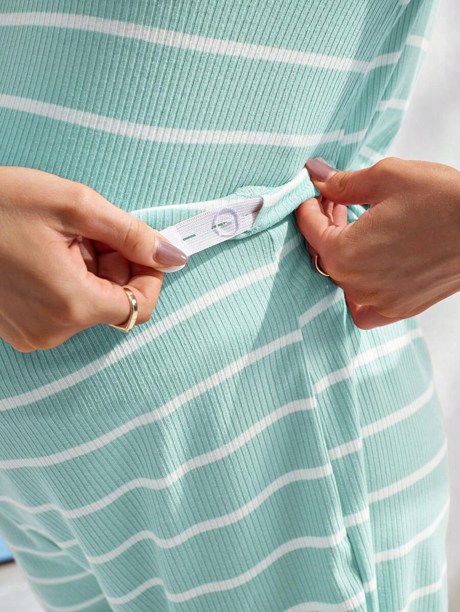 Maternity Striped Pajama Set - Round Neck Tee & Track Shorts, Frill, Regular Fit, Pink