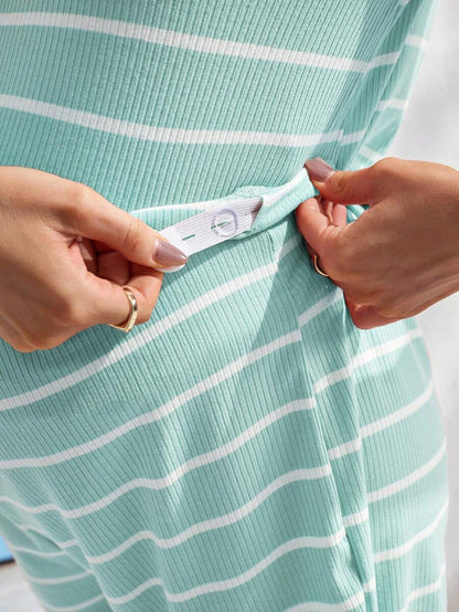 Maternity Striped Pajama Set - Round Neck Tee & Track Shorts, Frill, Regular Fit, Pink