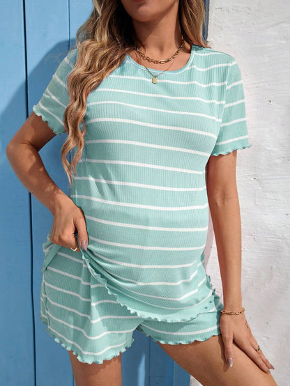 Maternity Striped Pajama Set - Round Neck Tee & Track Shorts, Frill, Regular Fit, Pink