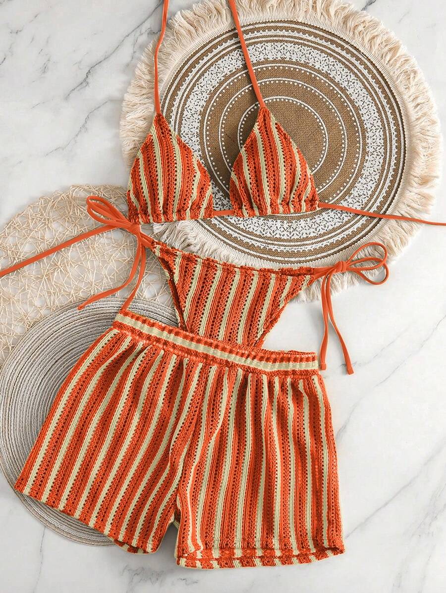 Women's 3-Piece Boho Crochet Bikini Set - Drawstring Cover-Up, Halter, Shorts, Royal Blue