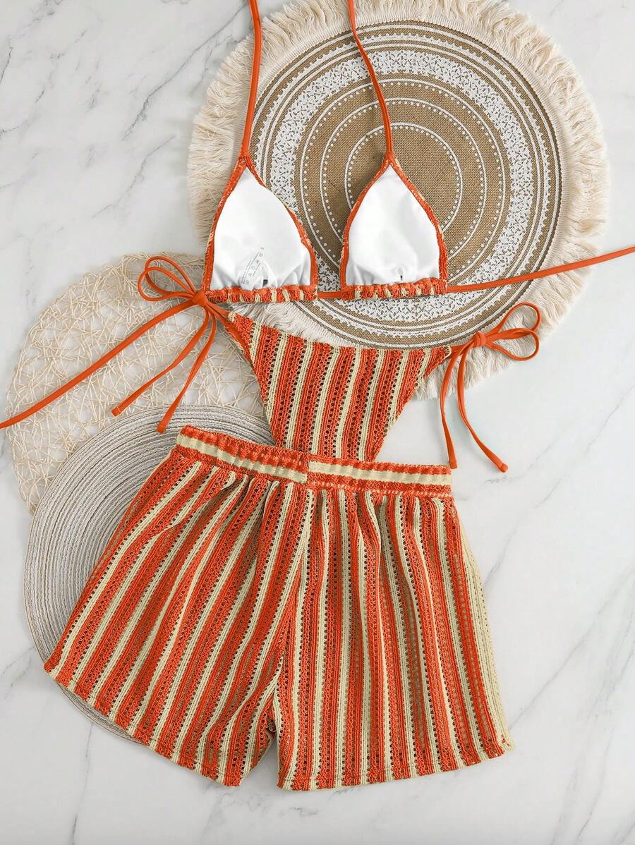 Women's 3-Piece Boho Crochet Bikini Set - Drawstring Cover-Up, Halter, Shorts, Royal Blue