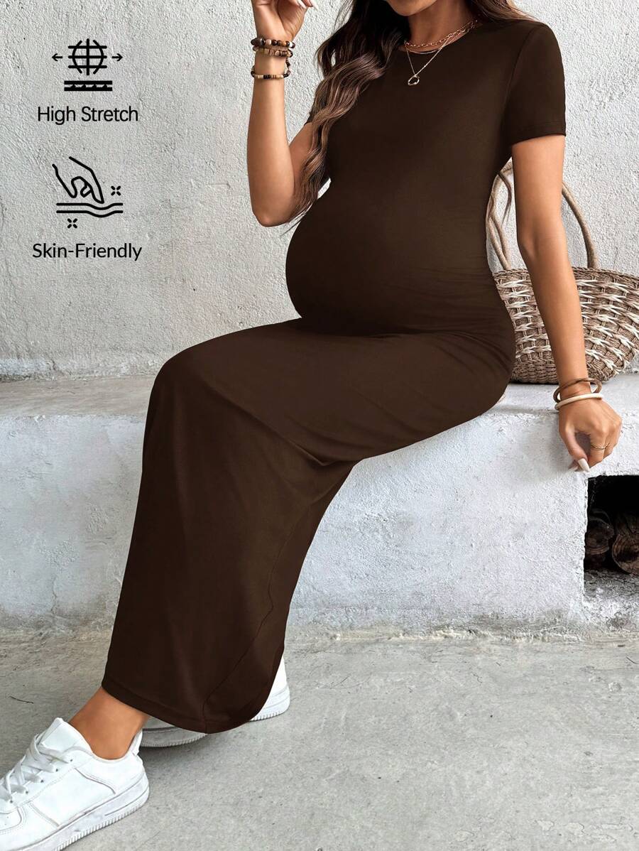 Maternity Bodycon Dress - Round Neck, Short Sleeve, Backless, Slim Fit, Black