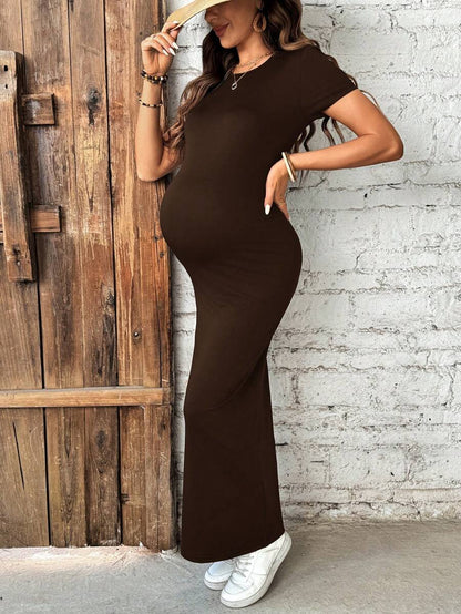Maternity Bodycon Dress - Round Neck, Short Sleeve, Backless, Slim Fit, Black