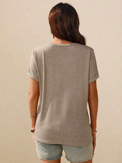 Khaki Boho Mama Graphic Print Maternity T-Shirt - Summer Round Neck Short Sleeve Loose Fit Pregnancy Tee for Holiday Casual Wear