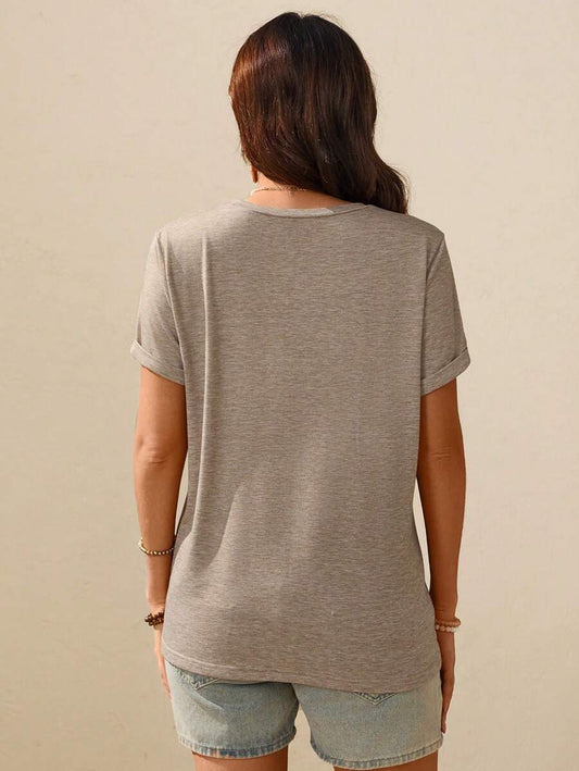 Khaki Boho Mama Graphic Print Maternity T-Shirt - Summer Round Neck Short Sleeve Loose Fit Pregnancy Tee for Holiday Casual Wear