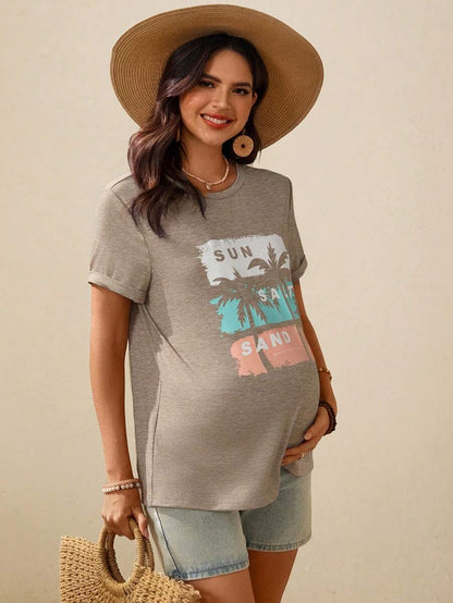 Khaki Boho Mama Graphic Print Maternity T-Shirt - Summer Round Neck Short Sleeve Loose Fit Pregnancy Tee for Holiday Casual Wear