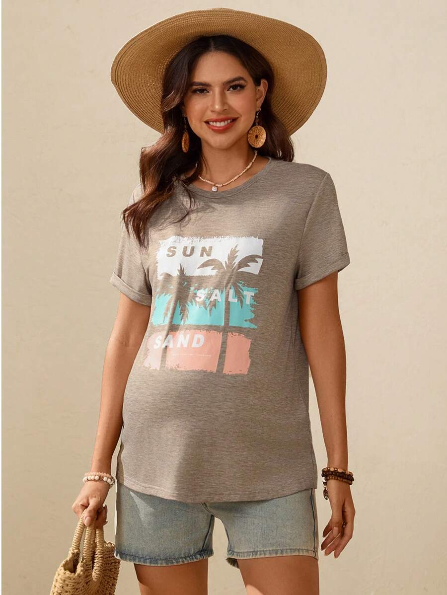 Khaki Boho Mama Graphic Print Maternity T-Shirt - Summer Round Neck Short Sleeve Loose Fit Pregnancy Tee for Holiday Casual Wear
