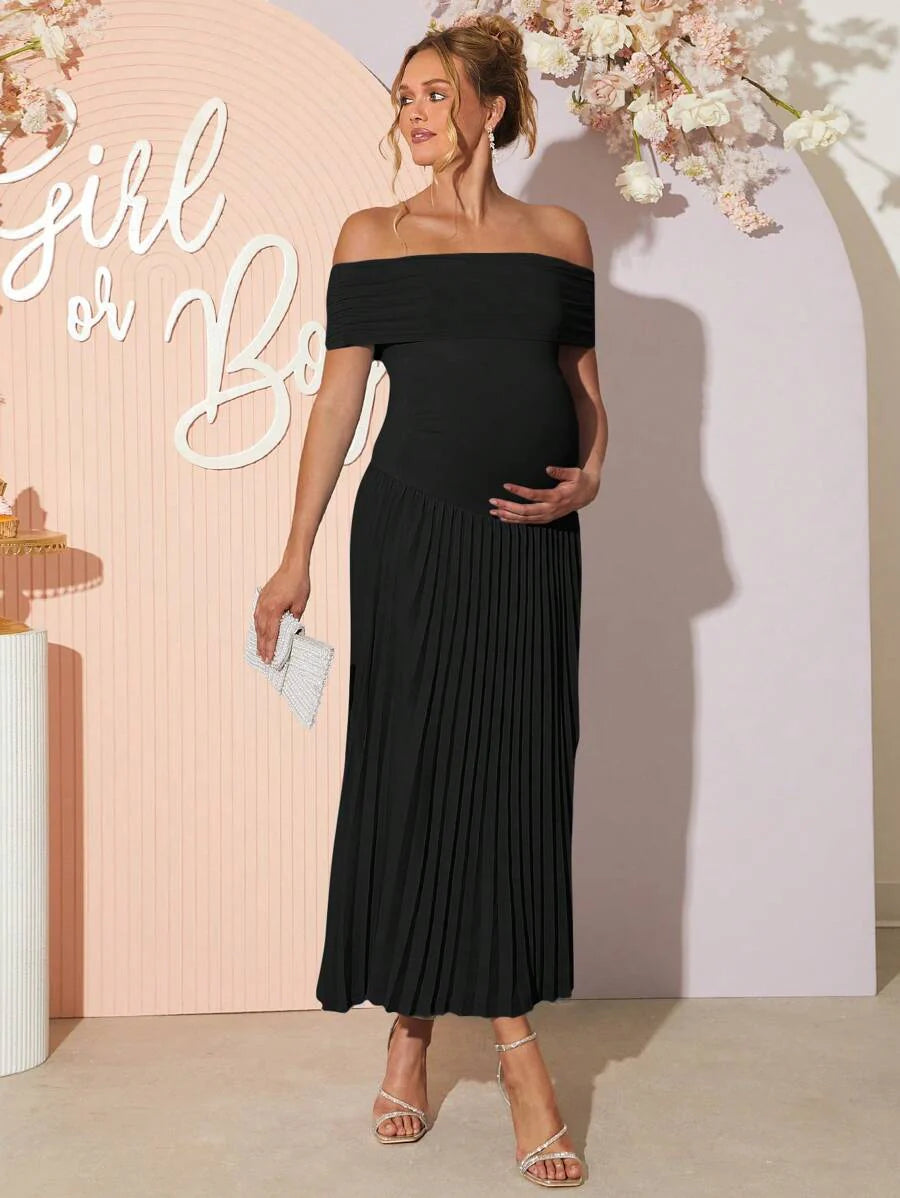 Maternity Off Shoulder Ruched Hem Dress - Elegant Solid Color Slim Fit Bodycon Gown for Baby Shower, Gender Reveal & Photoshoot