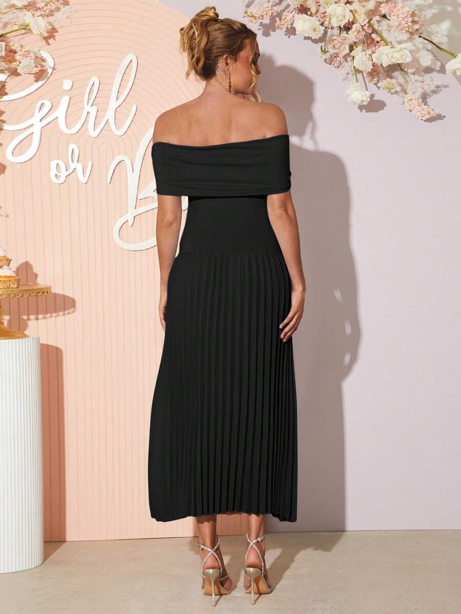 Maternity Off Shoulder Ruched Hem Dress - Elegant Solid Color Slim Fit Bodycon Gown for Baby Shower, Gender Reveal & Photoshoot