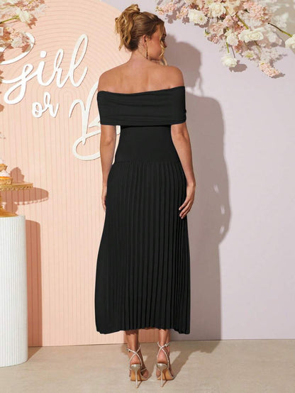 Maternity Off Shoulder Ruched Hem Dress - Elegant Solid Color Slim Fit Bodycon Gown for Baby Shower, Gender Reveal & Photoshoot