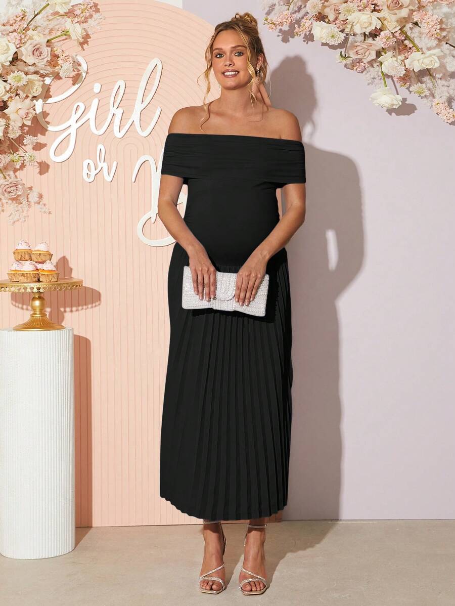 Maternity Off Shoulder Ruched Hem Dress - Elegant Solid Color Slim Fit Bodycon Gown for Baby Shower, Gender Reveal & Photoshoot