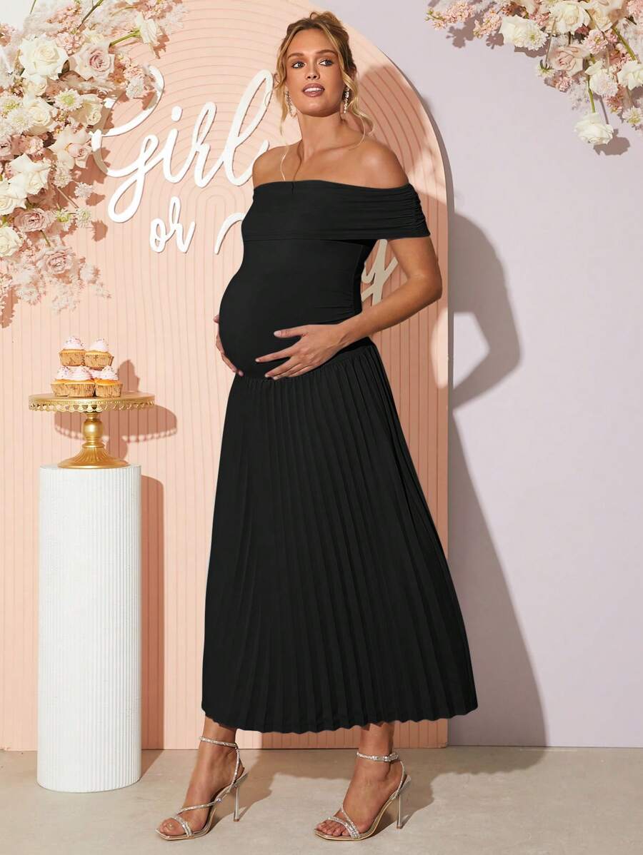 Maternity Off Shoulder Ruched Hem Dress - Elegant Solid Color Slim Fit Bodycon Gown for Baby Shower, Gender Reveal & Photoshoot
