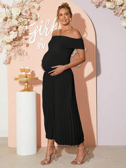 Maternity Off Shoulder Ruched Hem Dress - Elegant Solid Color Slim Fit Bodycon Gown for Baby Shower, Gender Reveal & Photoshoot