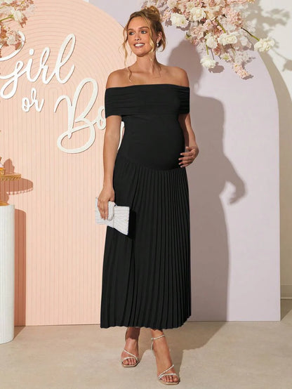 Maternity Off Shoulder Ruched Hem Dress - Elegant Solid Color Slim Fit Bodycon Gown for Baby Shower, Gender Reveal & Photoshoot