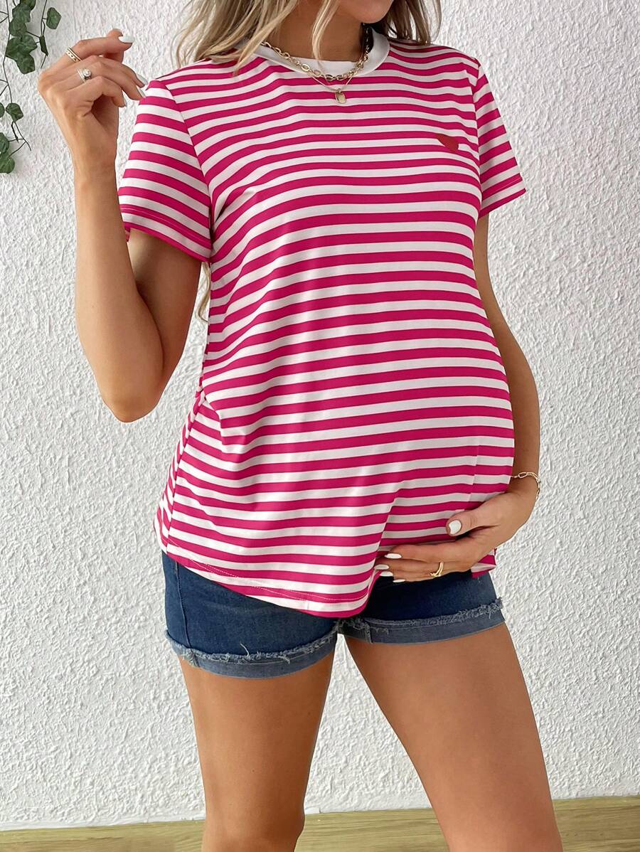 Maternity Stripe T-Shirt - Short Sleeve Embroidered Heart Round Neck Loose Fit, Blue Casual