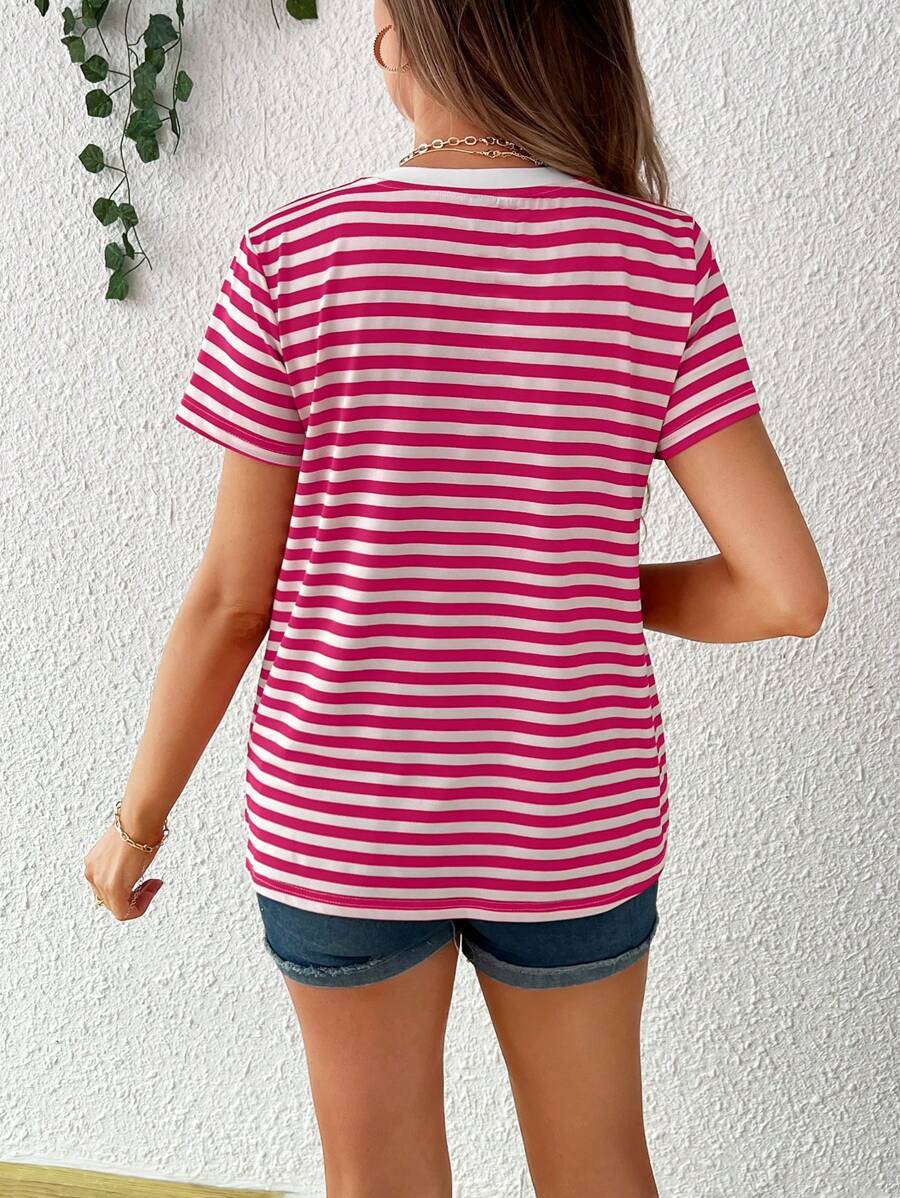 Maternity Stripe T-Shirt - Short Sleeve Embroidered Heart Round Neck Loose Fit, Blue Casual