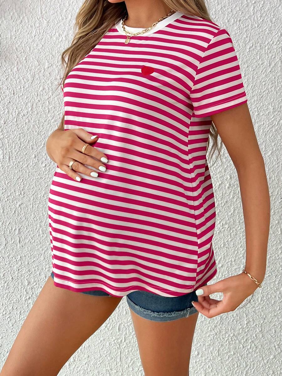 Maternity Stripe T-Shirt - Short Sleeve Embroidered Heart Round Neck Loose Fit, Blue Casual