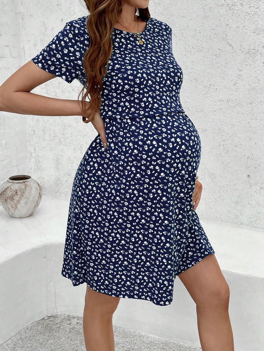 Green Ditsy Floral V Neck Short Sleeve Maternity Nursing Dress Slim Fit Short Flared Beach Vacation Wrap Style Knit Dress