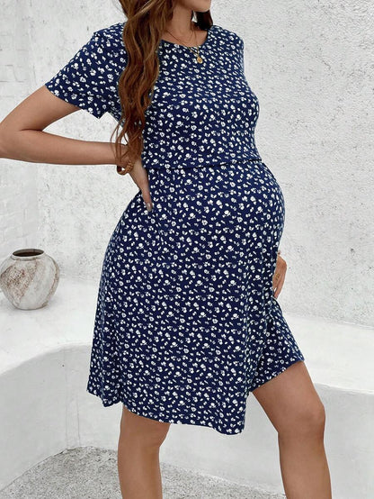 Green Ditsy Floral V Neck Short Sleeve Maternity Nursing Dress Slim Fit Short Flared Beach Vacation Wrap Style Knit Dress