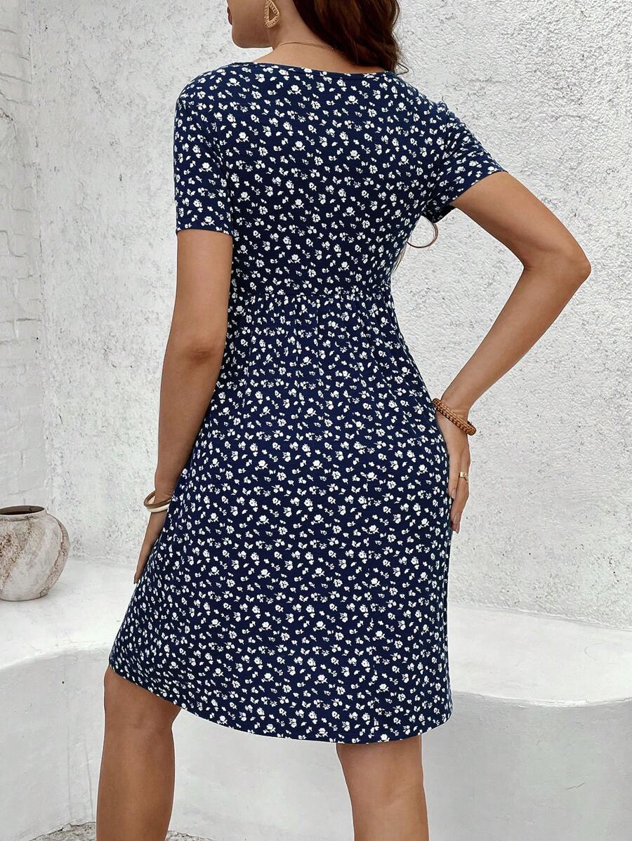Green Ditsy Floral V Neck Short Sleeve Maternity Nursing Dress Slim Fit Short Flared Beach Vacation Wrap Style Knit Dress