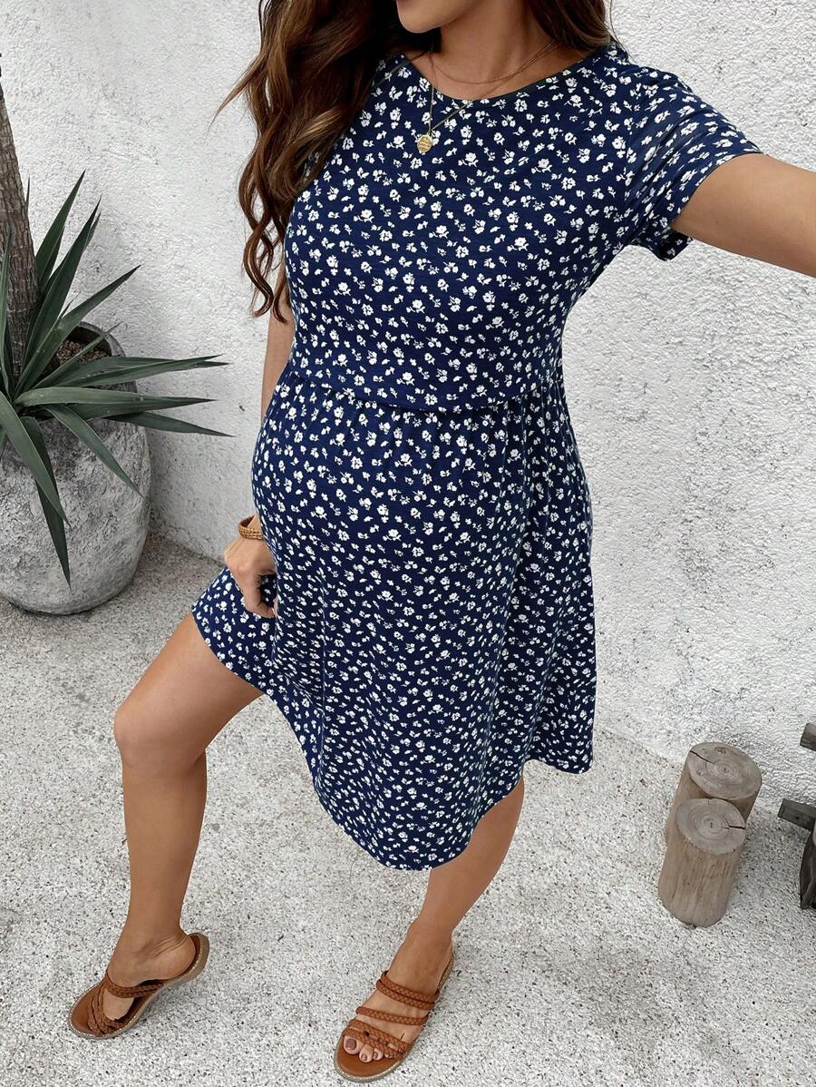 Green Ditsy Floral V Neck Short Sleeve Maternity Nursing Dress Slim Fit Short Flared Beach Vacation Wrap Style Knit Dress