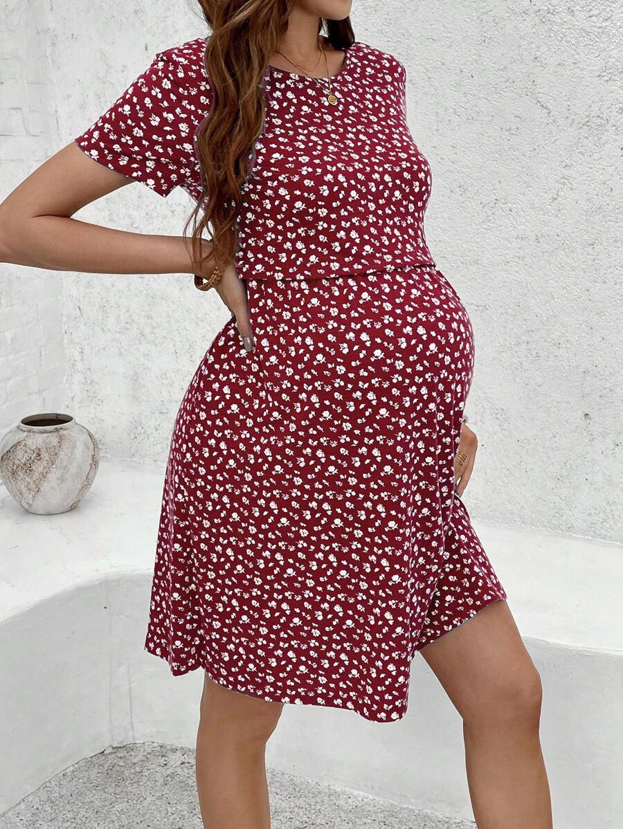 Green Ditsy Floral V Neck Short Sleeve Maternity Nursing Dress Slim Fit Short Flared Beach Vacation Wrap Style Knit Dress