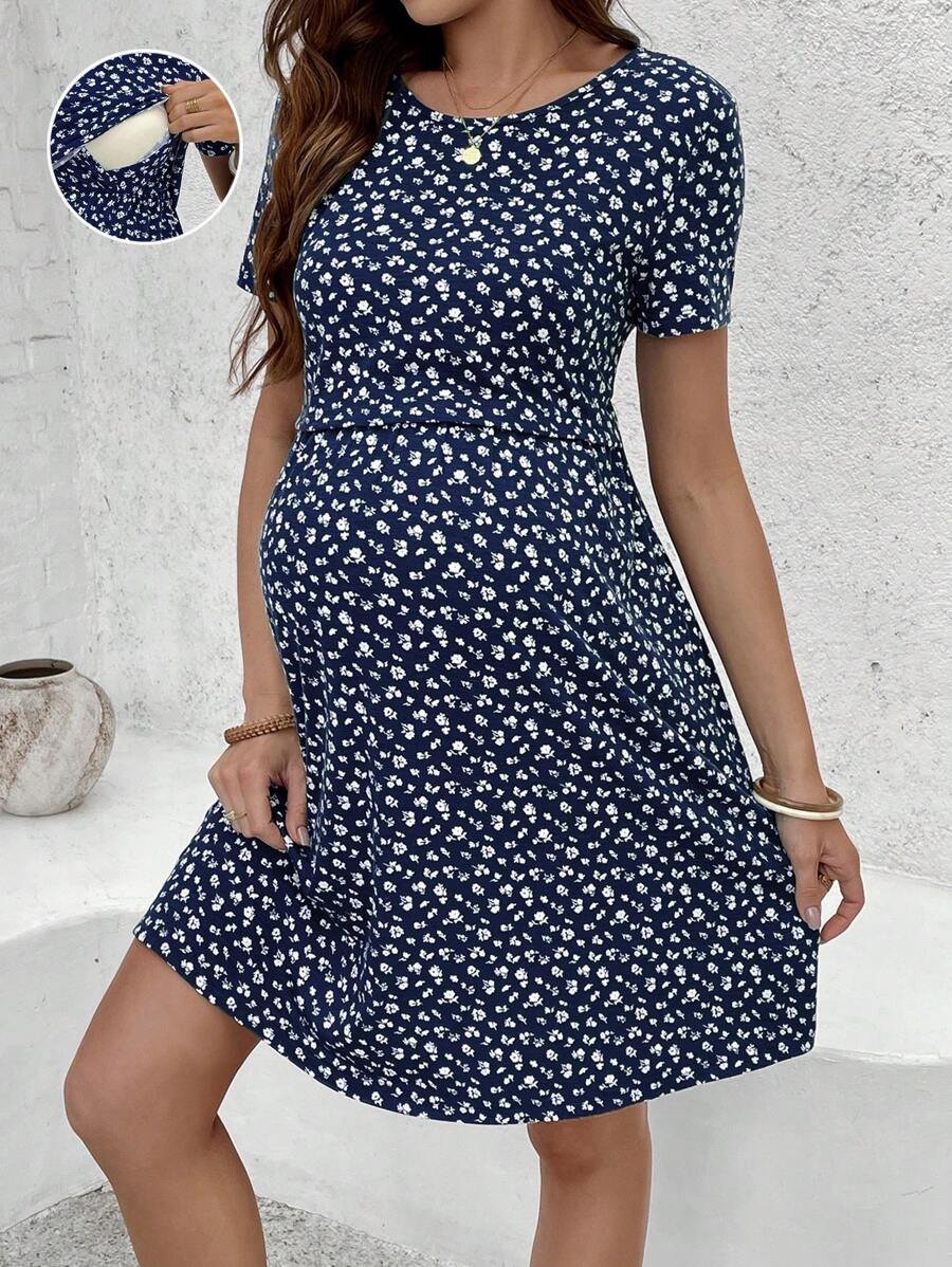 Green Ditsy Floral V Neck Short Sleeve Maternity Nursing Dress Slim Fit Short Flared Beach Vacation Wrap Style Knit Dress