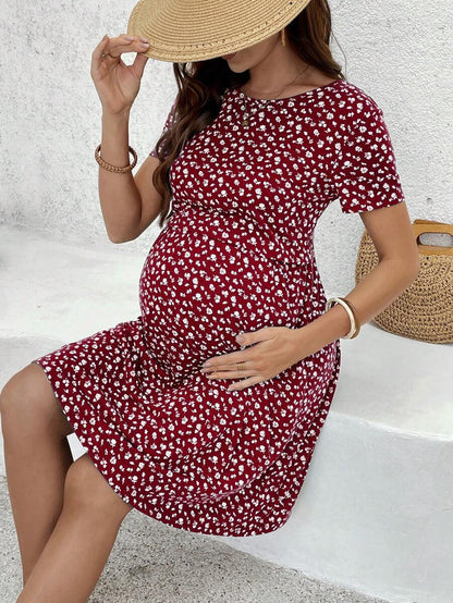 Green Ditsy Floral V Neck Short Sleeve Maternity Nursing Dress Slim Fit Short Flared Beach Vacation Wrap Style Knit Dress