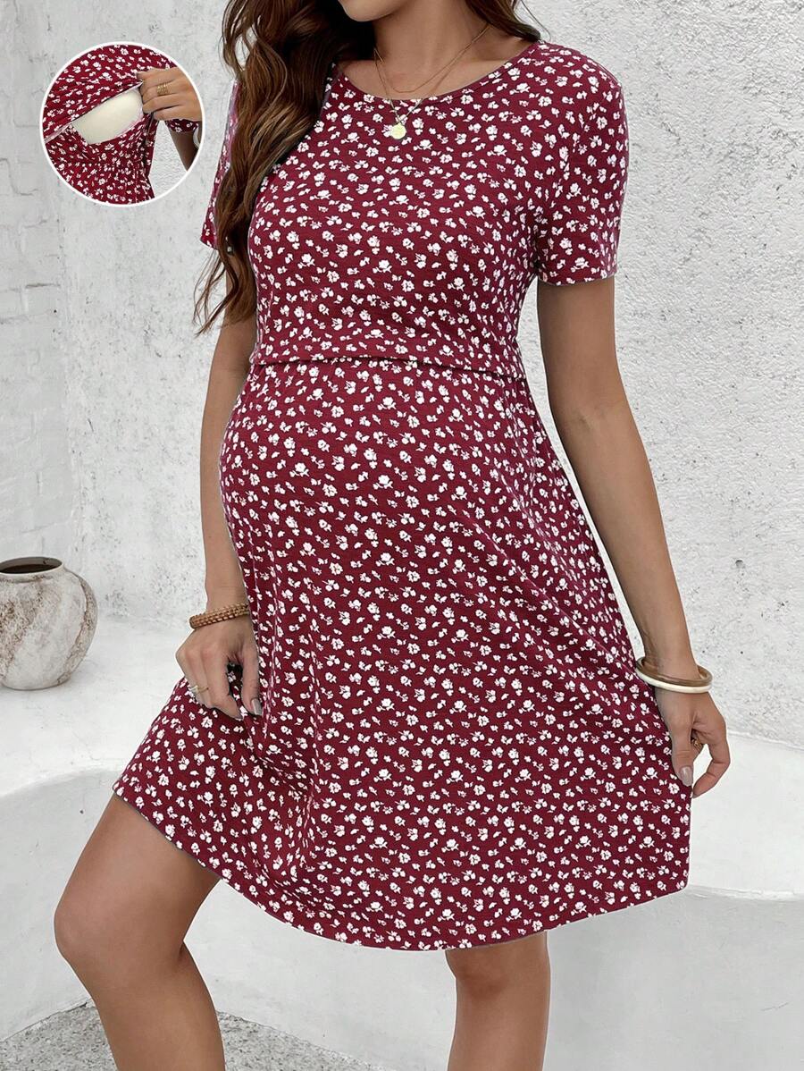 Green Ditsy Floral V Neck Short Sleeve Maternity Nursing Dress Slim Fit Short Flared Beach Vacation Wrap Style Knit Dress