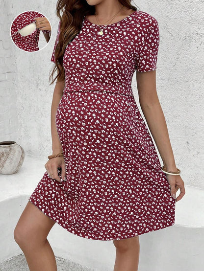 Green Ditsy Floral V Neck Short Sleeve Maternity Nursing Dress Slim Fit Short Flared Beach Vacation Wrap Style Knit Dress