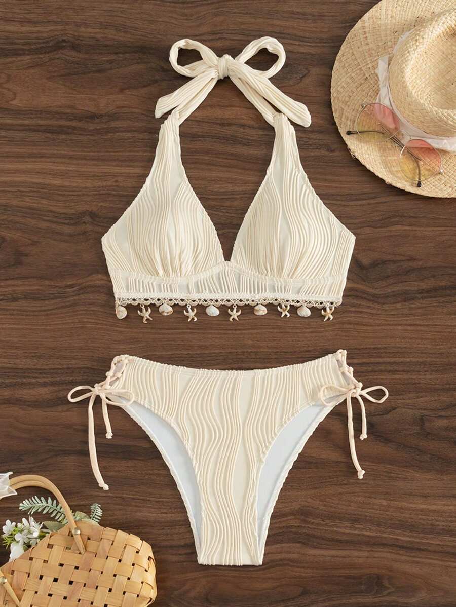 Women's 2-Piece Halter Bikini Set - Shell Trim, Triangle Cup, Floral Print, Apricot