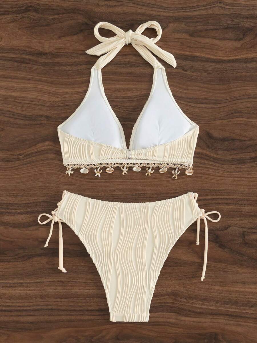 Women's 2-Piece Halter Bikini Set - Shell Trim, Triangle Cup, Floral Print, Apricot
