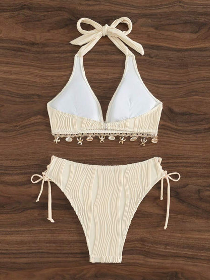 Women's 2-Piece Halter Bikini Set - Shell Trim, V-Cut Triangle, Backless, Black