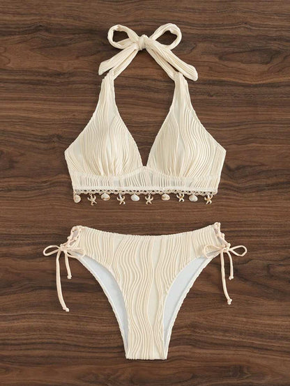 Women's 2-Piece Halter Bikini Set - Shell Trim, Triangle Cup, Floral Print, Apricot