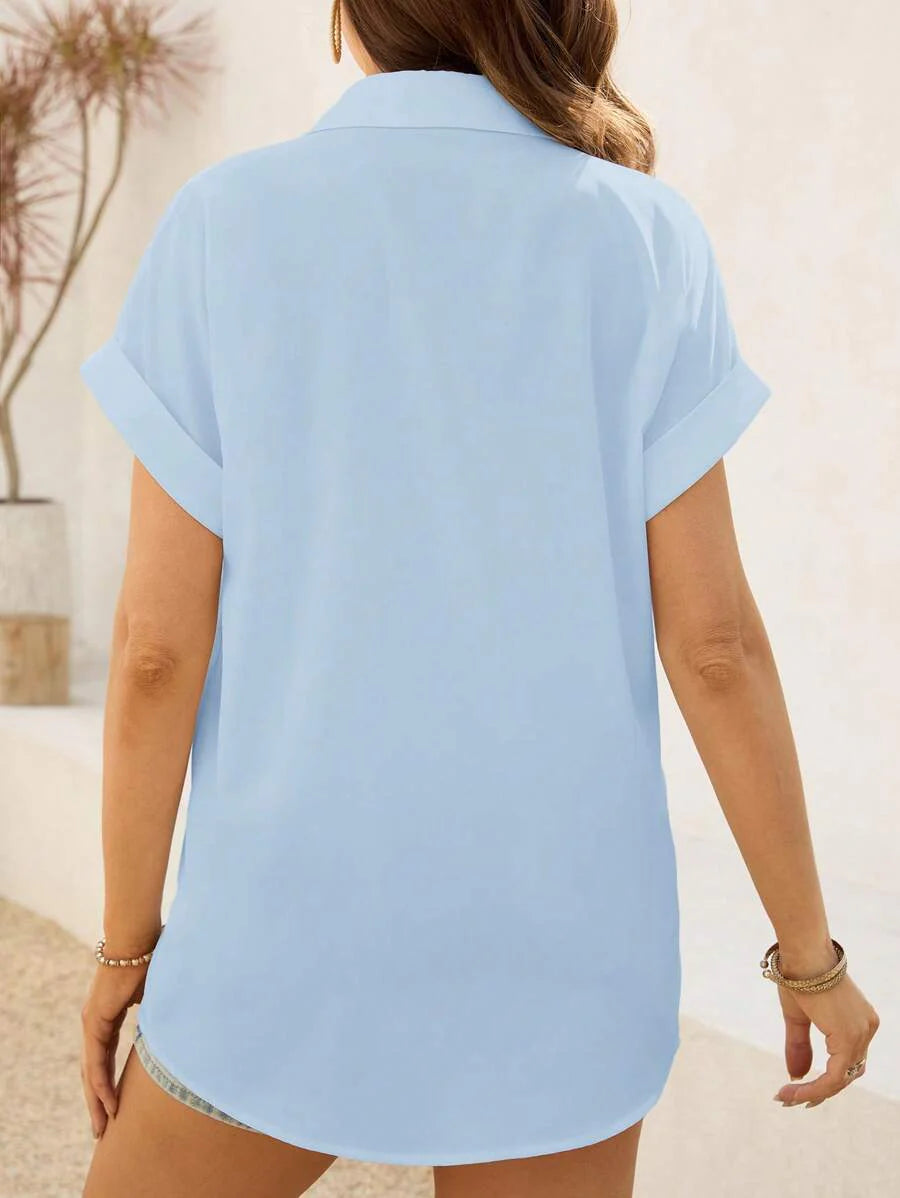 Maternity Baby Blue Button Front Short Sleeve Shirt - Loose Fit Longline Batwing Sleeve Summer Casual Woven Top