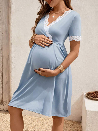 Maternity Nursing Dress - V-Neck Short Sleeve Contrast Lace, Pink