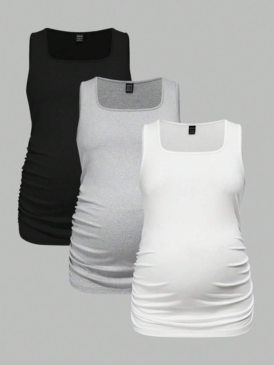 Maternity Ruched Tank Top 3-Pack - Square Neck, Slim Fit, Multicolor