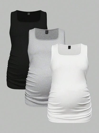 Maternity Ruched Tank Top 3-Pack - Square Neck, Slim Fit, Multicolor