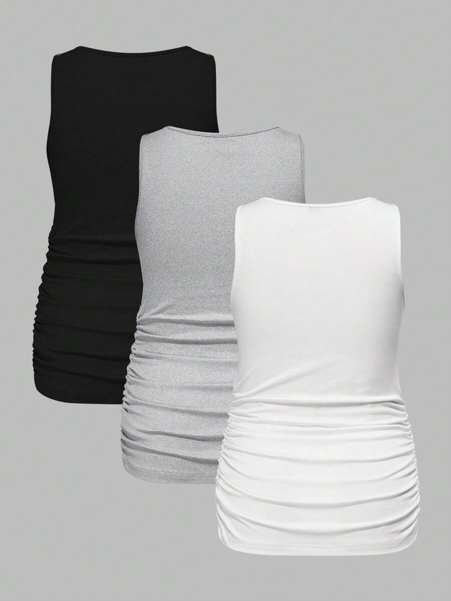 Maternity Ruched Tank Top 3-Pack - Square Neck, Slim Fit, Multicolor