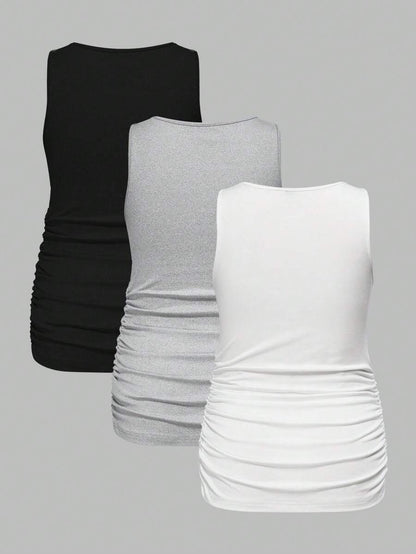 Maternity Ruched Tank Top 3-Pack - Square Neck, Slim Fit, Multicolor