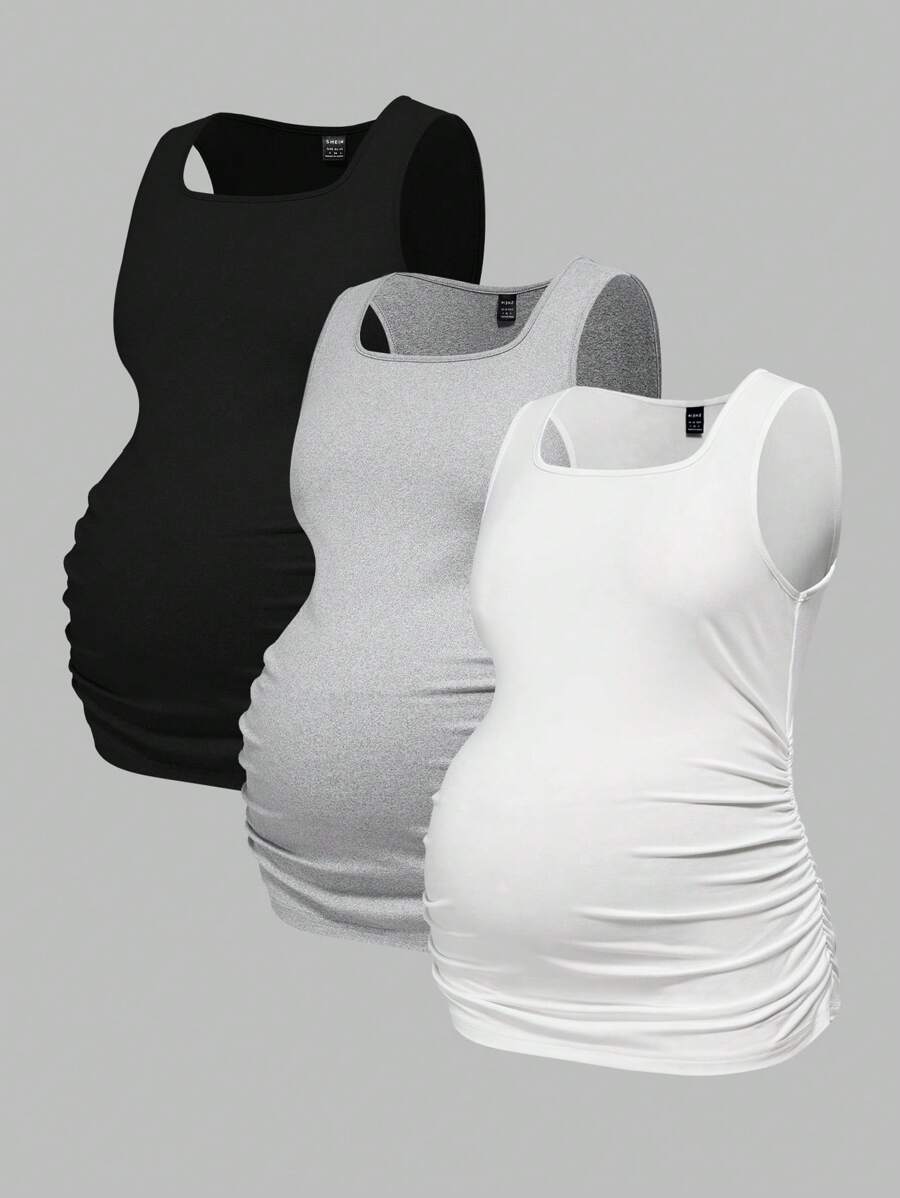 Maternity Ruched Tank Top 3-Pack - Square Neck, Slim Fit, Multicolor