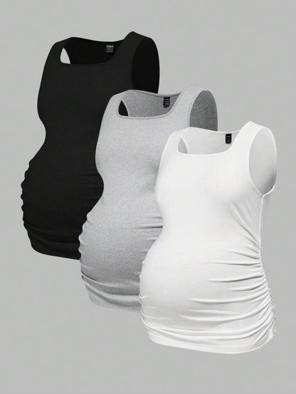 Maternity Ruched Tank Top 3-Pack - Square Neck, Slim Fit, Multicolor