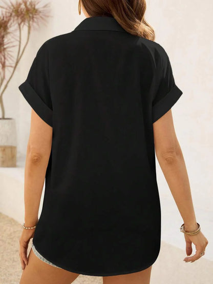 Maternity Baby Blue Button Front Short Sleeve Shirt - Loose Fit Longline Batwing Sleeve Summer Casual Woven Top