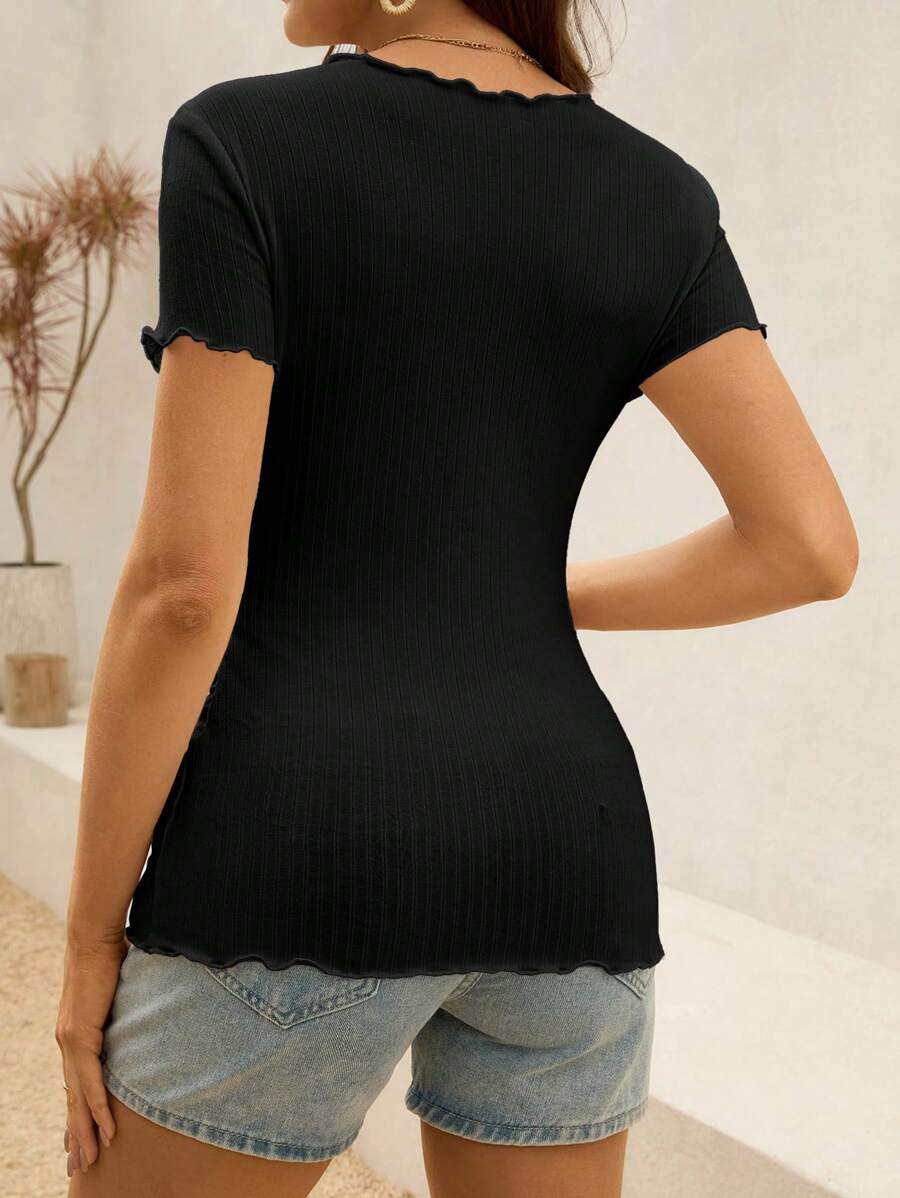 Maternity T-Shirt - Summer White Ribbed Lettuce-Edge Form-Fitting Short Sleeve, Soft Stretch