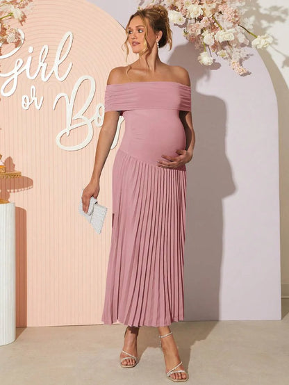 Maternity Off Shoulder Ruched Hem Dress - Elegant Solid Color Slim Fit Bodycon Gown for Baby Shower, Gender Reveal & Photoshoot