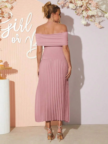 Maternity Off Shoulder Ruched Hem Dress - Elegant Solid Color Slim Fit Bodycon Gown for Baby Shower, Gender Reveal & Photoshoot