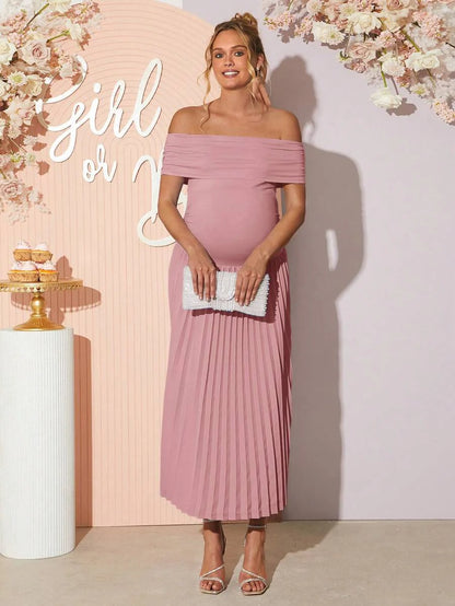 Maternity Off Shoulder Ruched Hem Dress - Elegant Solid Color Slim Fit Bodycon Gown for Baby Shower, Gender Reveal & Photoshoot