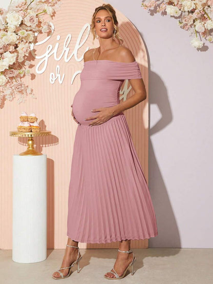 Maternity Off Shoulder Ruched Hem Dress - Elegant Solid Color Slim Fit Bodycon Gown for Baby Shower, Gender Reveal & Photoshoot