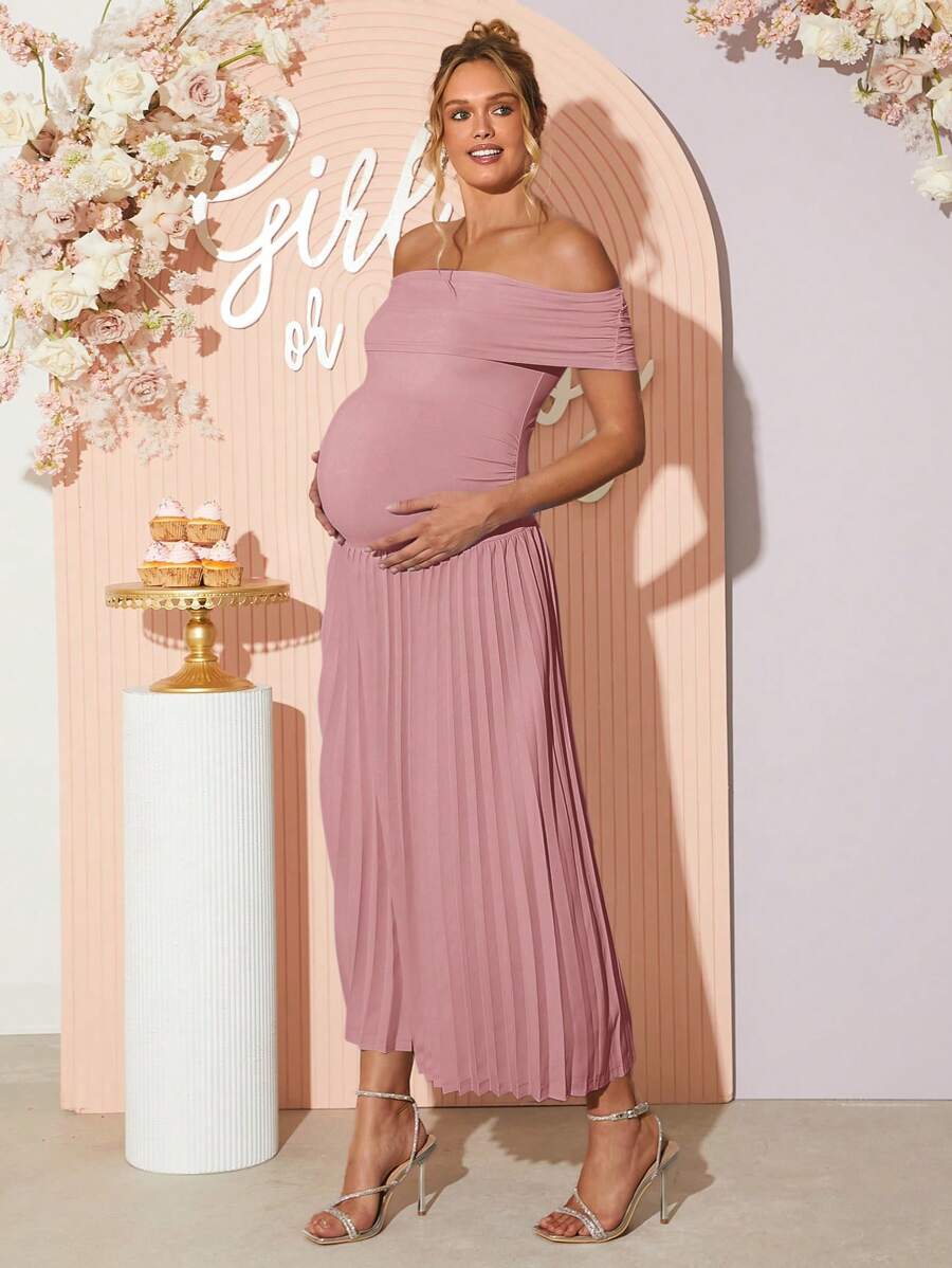 Maternity Off Shoulder Ruched Hem Dress - Elegant Solid Color Slim Fit Bodycon Gown for Baby Shower, Gender Reveal & Photoshoot