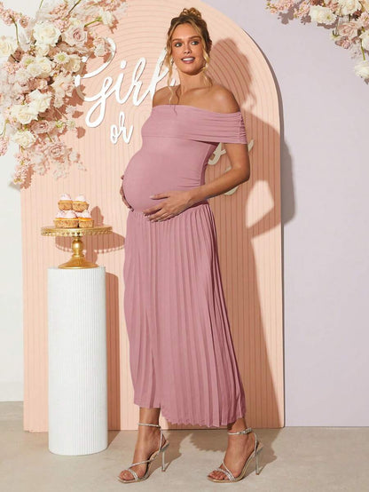 Maternity Off Shoulder Ruched Hem Dress - Elegant Solid Color Slim Fit Bodycon Gown for Baby Shower, Gender Reveal & Photoshoot